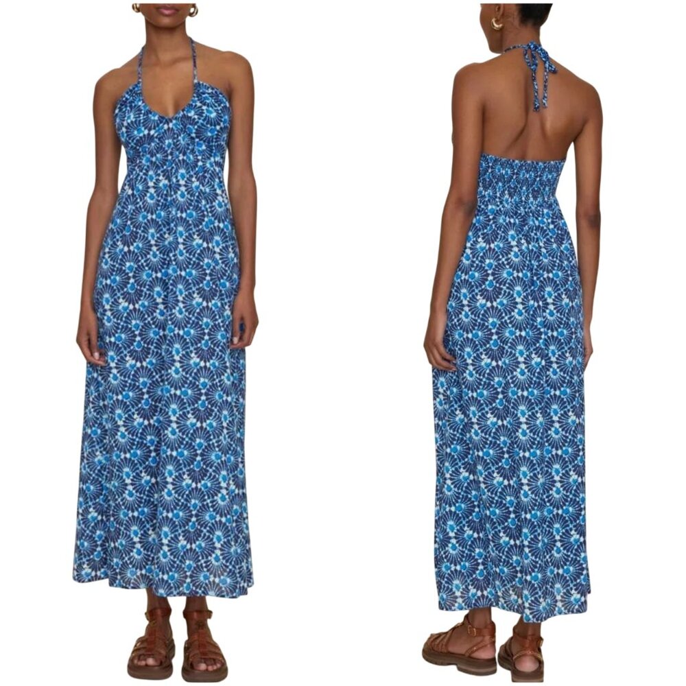Xirena Maggie Dress in Sea Shells print S small blue halter midi batik smocked